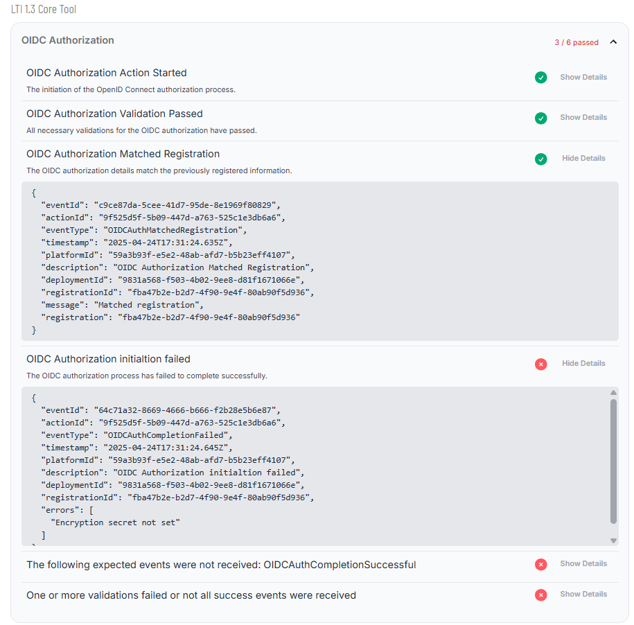 Screenshot of Diagnostics Data tab showing JSON payloads and pass/fail indicators